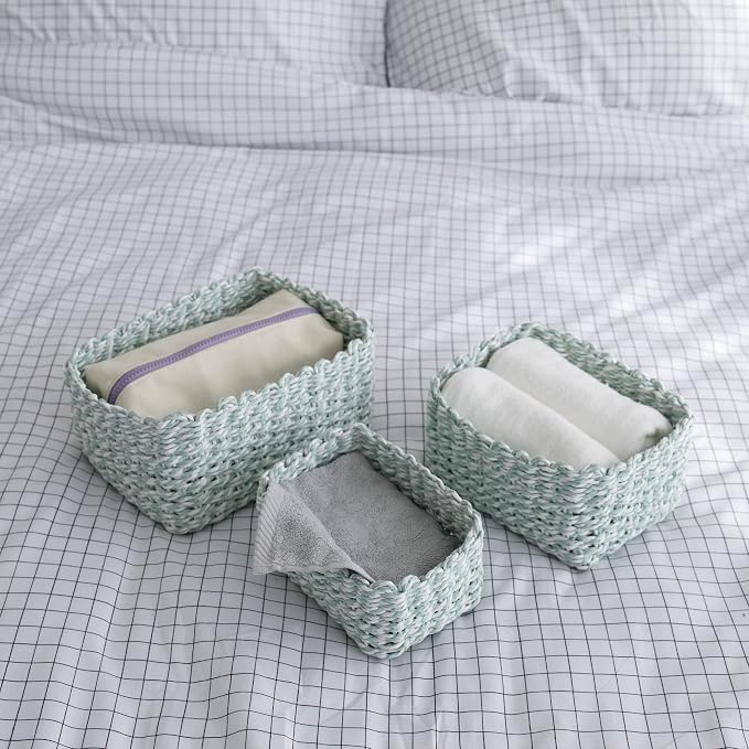 LA JOLIE MUSE Paper Rope Storage Baskets for Organizing, Recycled Wicker Storage Basket Container Bins for Shelves Cupboards Drawer, Small Woven Basket Set of 3 (Green White) - Image 3