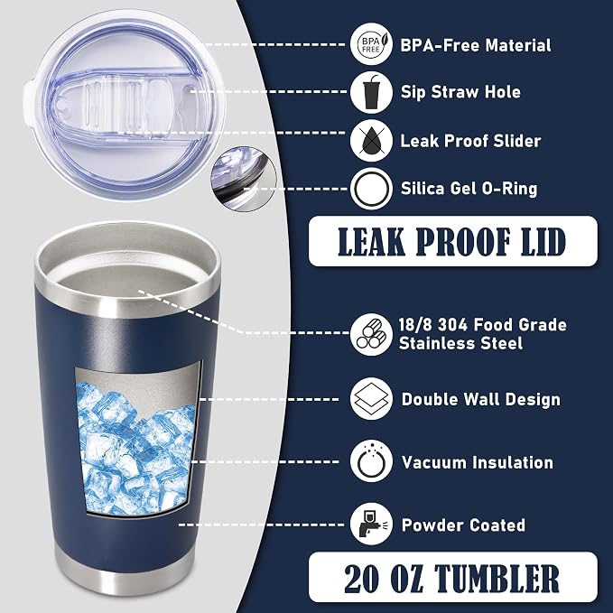 20oz Tumbler Insulated Coffee Tumblers with Lid Stainless Steel Navy 12P | 20 oz Tumblers Double Wall Insulated Vacuum 20oz Coffee Mug Leak Proof Tumblers with Lid Powder Coated - Navy 12 Pack - Image 3