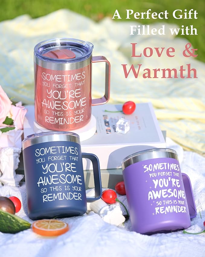 Inspirational Coffee Mug for Men, 12oz Insulated Stainless Steel Mug with Handle & 2 Lids – Sometimes You Forget You’re Awesome, Birthday & Appreciation Gift for Dad, Husband, Him, Navy Blue - Image 4