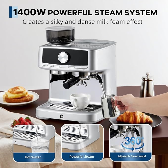Espresso Machine with Grinder, Professional Coffee Machines | with Milk Frother Steam Wand, Espresso Maker with 50oz Removable Water Tank, Cappuccino & Latte Machine for Home - Image 3