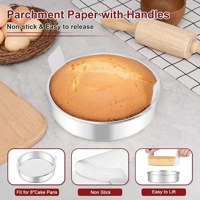 LIANYU 8 Inch Round Cake Pan Set, Baking Pans with 60 PCS Parchment Paper | Pure Stainless Steel, 2 Piece Metal Circle Layer Cake Tins for Birthday Christmas Party Wedding, Oven & Dishwasher Safe - Image 3
