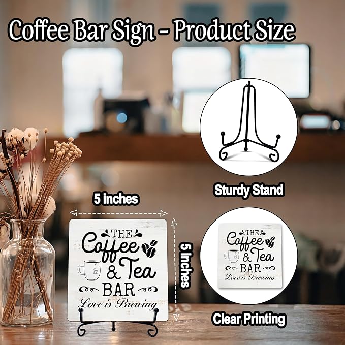 Coffee Bar Sign, Love is Brewing Farmhouse Tabletop Decor, Coffee and Tea Lover Gifts, 5x5 Wood Plaque with Iron Stand for Home Kitchen Cafe, Coffee Bar Decor – L07 - Image 2