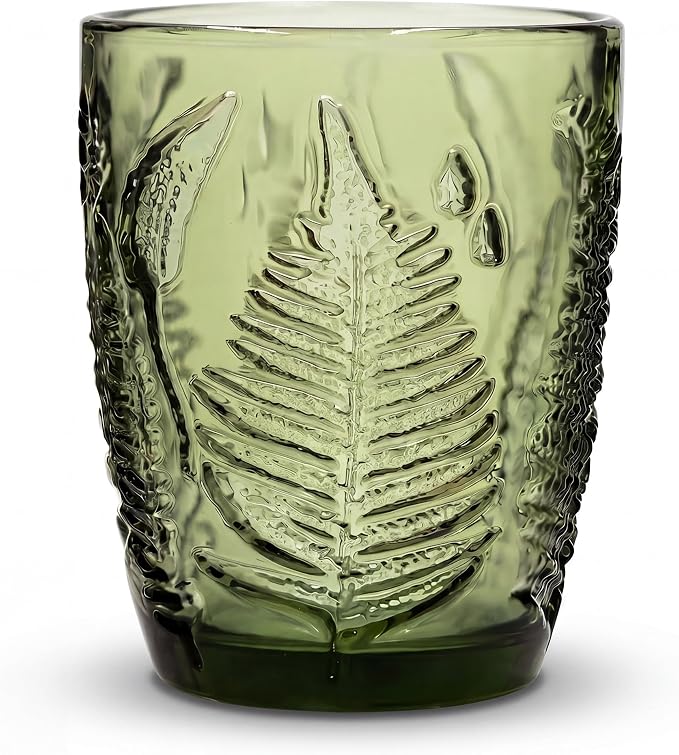 Vintage Green Drinking Glass, 10 oz Hand-Pressed Deep Textured Glass Cup, Fern Embossed Retro Glassware, Decorative Tumbler for Water, Cocktails & Juice, Boho Colored Kitchen Drinkware, Unique Gift by QELVIO