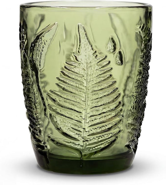 Vintage Green Drinking Glass, 10 oz Hand-Pressed Deep Textured Glass Cup, Fern Embossed Retro Glassware, Decorative Tumbler for Water, Cocktails & Juice, Boho Colored Kitchen Drinkware, Unique Gift by QELVIO