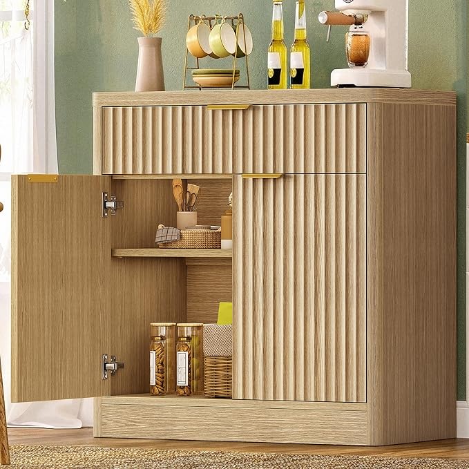 TEENFON 31.5" W Storage Cabinet with Drawer and Adjustable Shelf, Coffee Bar Cabinet, Fluted Sideboard Buffet Cabinet with 2 Doors for Living Room, Kitchen, Entryway, Natural by TEENFON