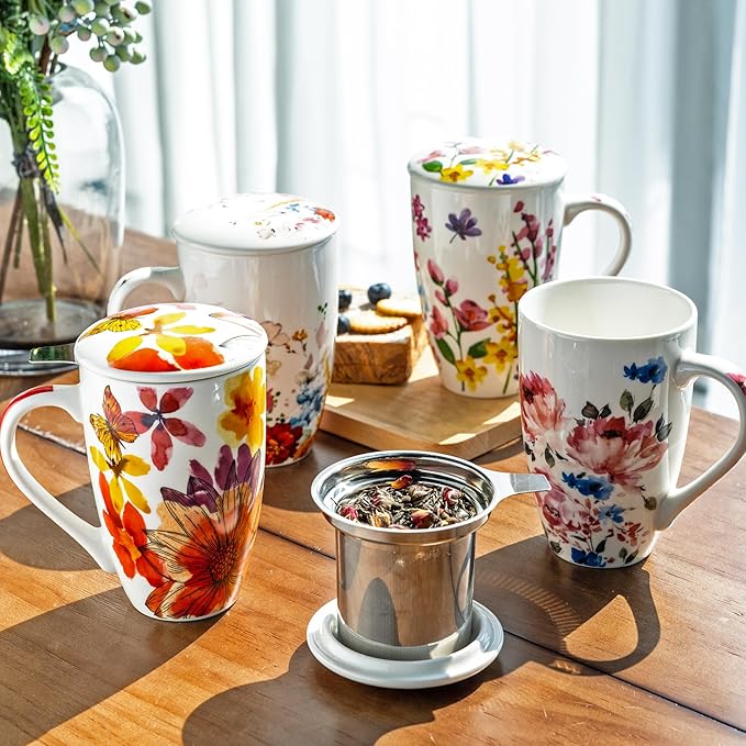 GBHOME Tea Mug with Infuser and Lid, 18 Ounce Large Ceramic Loose Leaf Cup, Microwave, Dishwasher Safe Steeping Mug, Pefect For Tea Lover