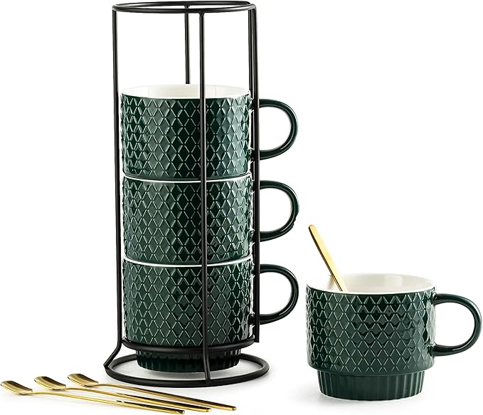 LYEOBOH Coffee Mug Set Porcelain Stackable Coffee Mugs with Stand and Spoons, 13 OZ. Cappuccino Cup Demitasse Cups for Drinks, Espresso, Latte,Set of 4, Dark Green by LYEOBOH