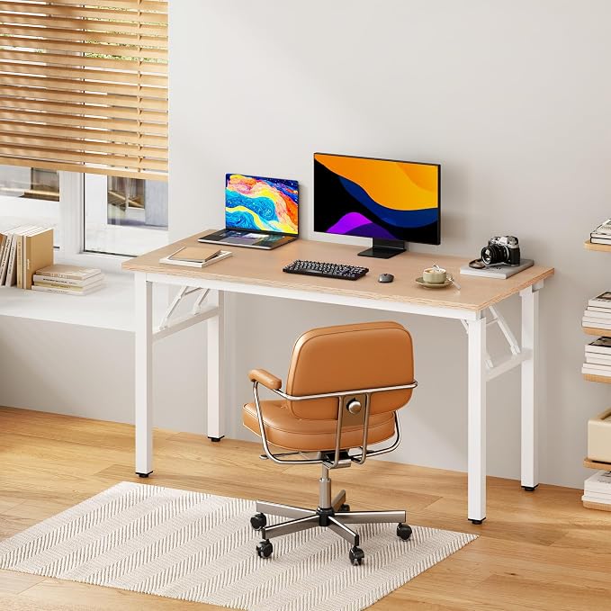 DlandHome 47 Inch Folding Computer Desk, Fully Assembled, Pink Oak | Foldable Writing Table, Portable Activity Conference Table for Home Office, Wood Top Metal Frame, Collapsible Easy Storage - Image 2