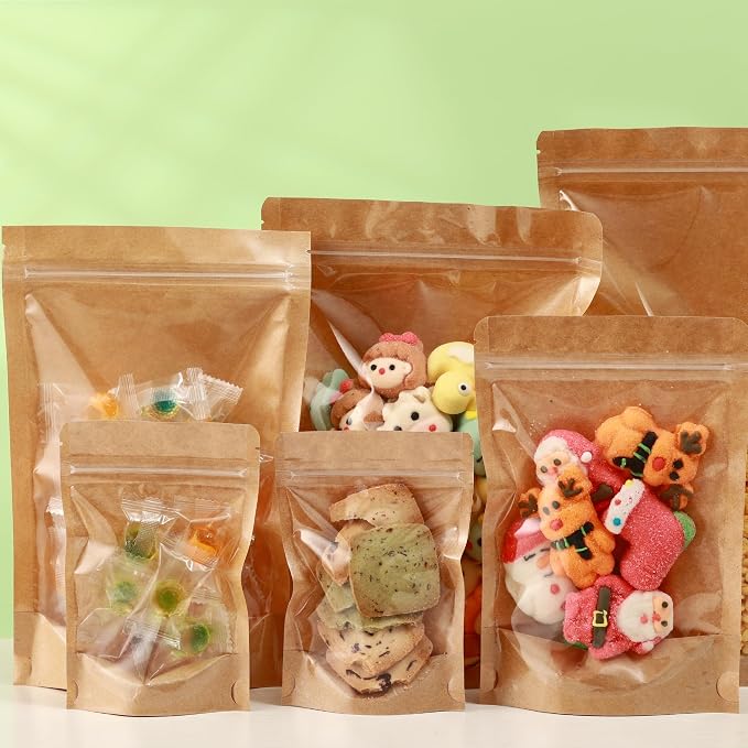 200 Pack Kraft Paper Bags with Clear Window 5x8 Reclosable Small Stand Up Mylar Bags for Food Storage Resealable Smell Proof Pouch, Edible Packaging, Reusable bags for Small Business - Image 4