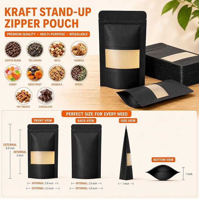 100 Pcs Black Kraft Paper Bags with Window, 3.5" x 5.5" Stand Up Pouches Bags, Food Storage Bags for Packaging Products, Reusable, Sealable - Image 3