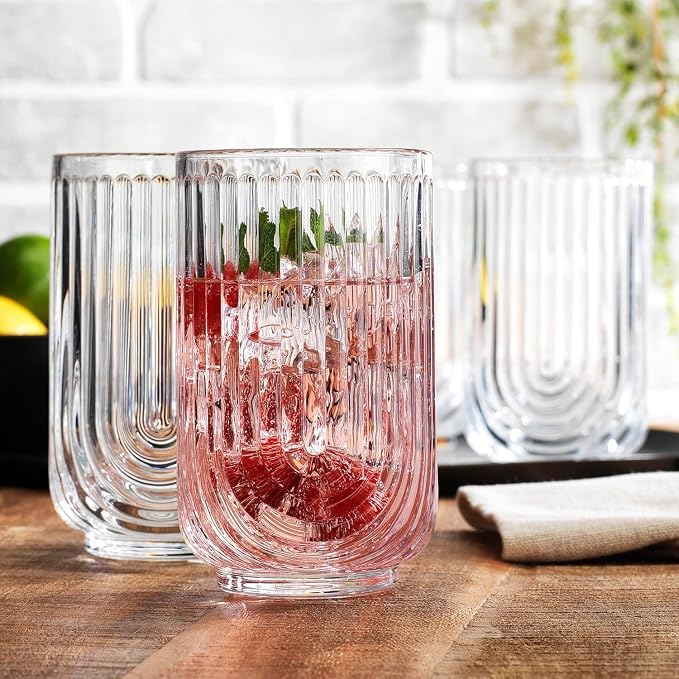 Glaver's 16-Piece Drinking Glass Set, Art Deco Ribbed Arch Design, Clear U-Shape Glassware, 17oz Highball and 11oz DOF Glasses - Image 2