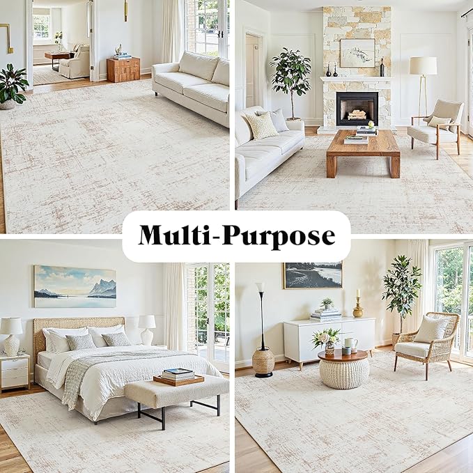 9x12 Washable Area Rug for Living Room Bedroom: Non-Slip Modern Beige White | Machine Washable TPR Backing, Stain-Resistant Low Pile, Pet & Kid Friendly, Abstract Decor for Dining Room, Dorm, Home Office - Image 3