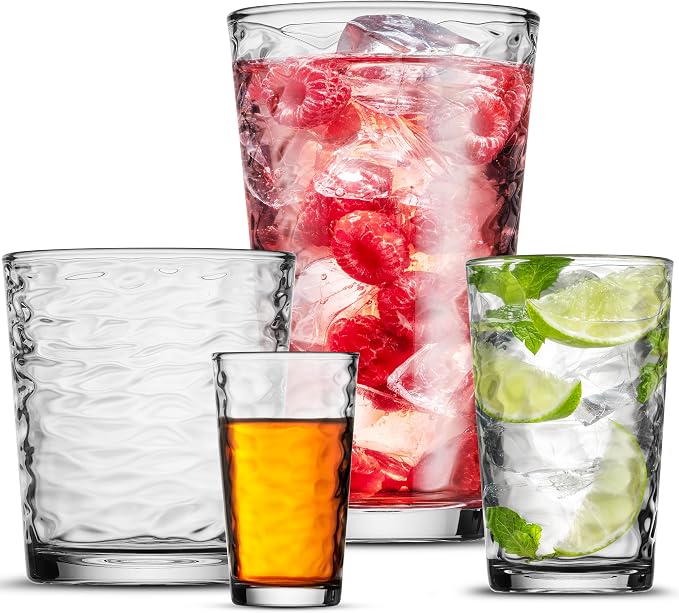Biscayne 24-Piece Family Drinking Glasses Set - Drinking Glassware Set with Highball Cooler, DOF (Double Old Fashioned), Juice Glasses and Shot Glasses - 6 Each by Unknown