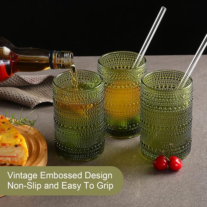 ZMOWIPDL Drinking Glasses Set of 6,15 oz Green Hobnail Glass Cups | Vintage Glassware，Embossed Water Tumbler,for Beer,Cocktail,Whiskey,Juice and Various Mixed Drinks- 1 Cleaning Brush - Image 7