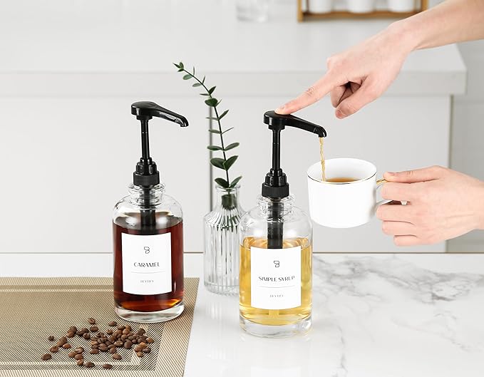 BEYTIFY Coffee Syrup Dispenser Set | Glass Syrup Bottles with Pump Tops & 12 Labels | Refillable Leak-Proof Dispensers for Coffee Bar, Vanilla Caramel Hazelnut Syrups | Clear Glass, 2 Pack (16.9oz/500ml)