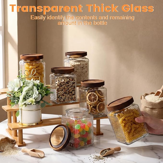 6 Pcs Vintage Glass Storage Jar with Lid 25.3 oz Glass Containers Stylish Ribbed Pattern Airtight Kitchen Jars Candy Jar for Food Cookies Candy Coffee Tea Beans Grains Storage - Image 5