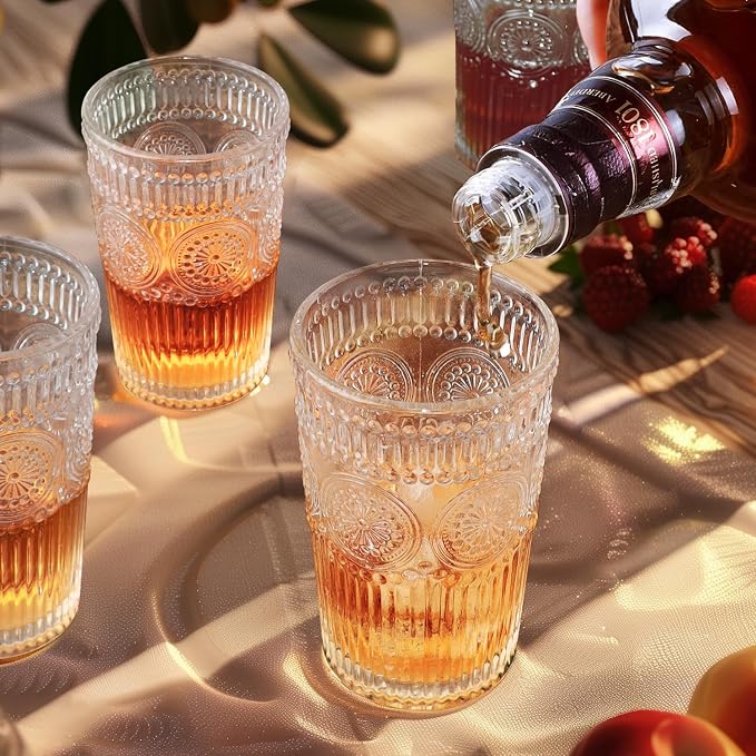 Loivttvv 6pcs Vintage Drinking Glasses Set, 12 oz Clear Highball Glasses, Embossed Ribbed Glassware Cups for Cocktail, Water, Juice, Coffee, Whiskey - Image 3