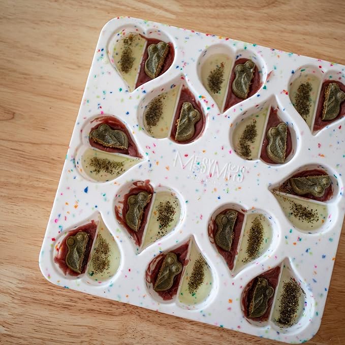 Messy Mutts Silicone Bake & Freeze Treat Making Mold | 12 Heart Shaped 1 oz Molds | 9" x 9" Tray | Dishwasher, Freezer, Oven Safe | Confetti