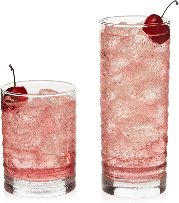 Libbey Pueblo Tumblers and Rocks Glass Cups Set, Wavy and Groovy Drinking Glasses Set of 16, Dishwasher Safe Modern Glassware for Everyday Use by Libbey