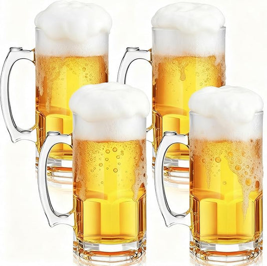 Set of 4 34 oz Extra Large Beer Mugs with Handles Glass German Clear Tall Heavy Beer Cups Steins Mugs Pint Weizen Glasses for Freezer Coffee Drinking Tea Water Cocktail Alcohol Beverages Pub