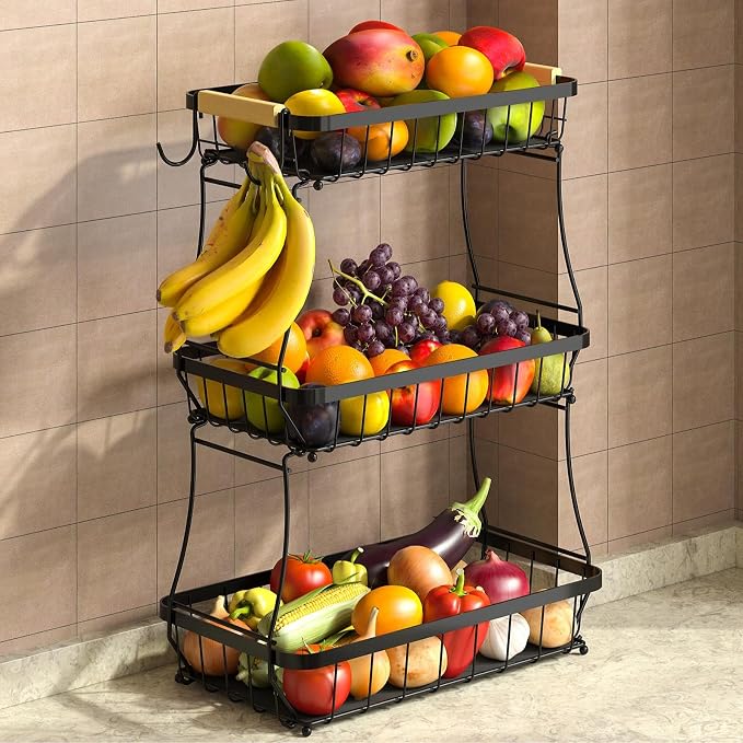 3-Tier Fruit Basket with Banana Hangers, Detachable Metal Bowl | Wooden handle, protective mats included. Versatile holder for bread, snacks, and veggies. Large 3 tier metal design. by Sevenblue