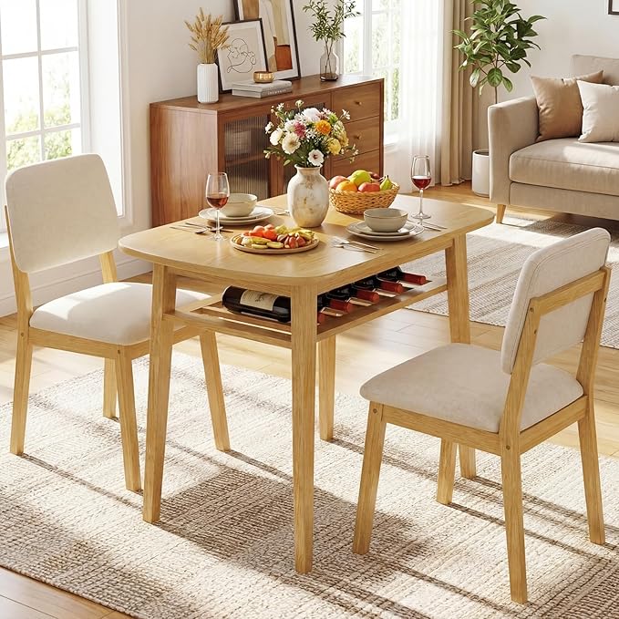 Giantex Dining Table Set for 2, Space Saving Kitchen Table and Chairs Set w/Rubber Wood Frame, Storage Rack, Padded Seats & Backrests, Dinette Set for Small Space, Apartment, Dining Room, Natural - Image 2