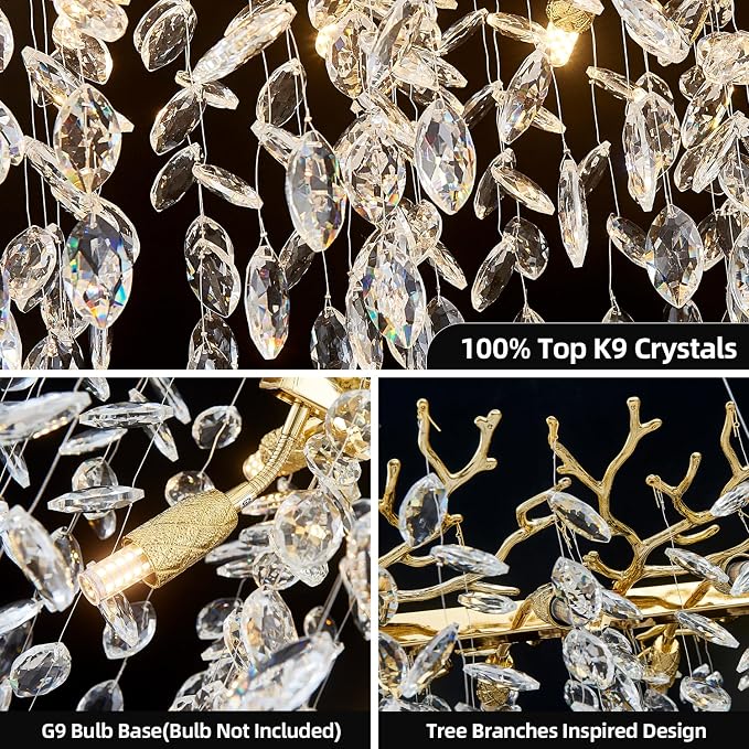 Gold Rectangular Chandelier Modern Crystal Tree Branch Chandelier | 14 Lights Luxury Raindrop Chandeliers 47.3" Hanging Pendant Light Fixtures for Dining Room Kitchen Island Living Room - Image 6
