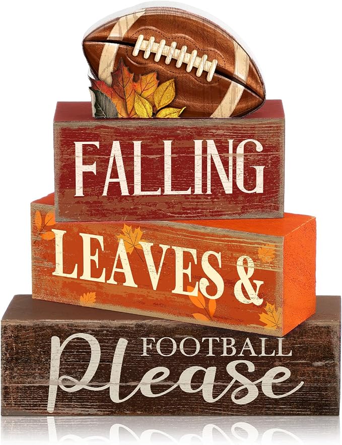 Moucuny 4 Pcs Fall Football Table Decorations for Home Fall Tiered Tray Decor Falling Leaves & Football Please Centerpieces with Footballs Topper, Rustic Thanksgiving Decor for Home, Game Day Party by Moucuny
