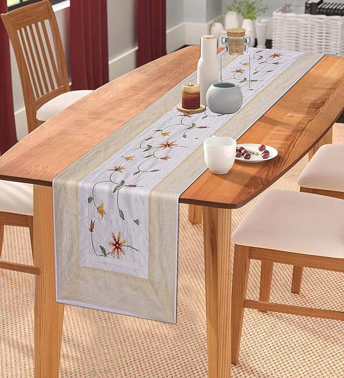 Hand Embroidered Silk Table Runner, White Floral Vine Design with Gold Border, Decorative Table Linen for Dining Table, Coffee Table, Console Table and Home Décor, 60 x 18 Inches - Image 6