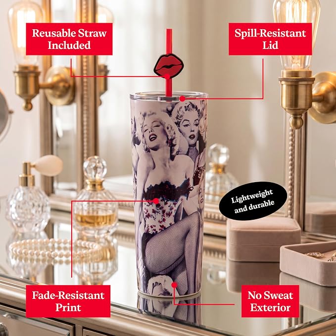 Dragon Glassware x Marilyn Monroe 100th Celebration Tumbler, 24oz - Glamour | Vacuum Insulated Stainless Steel Tumbler with Straw & Lid; Double Walled Tumbler with Straw Charm; Marilyn Monroe Cup - Image 4
