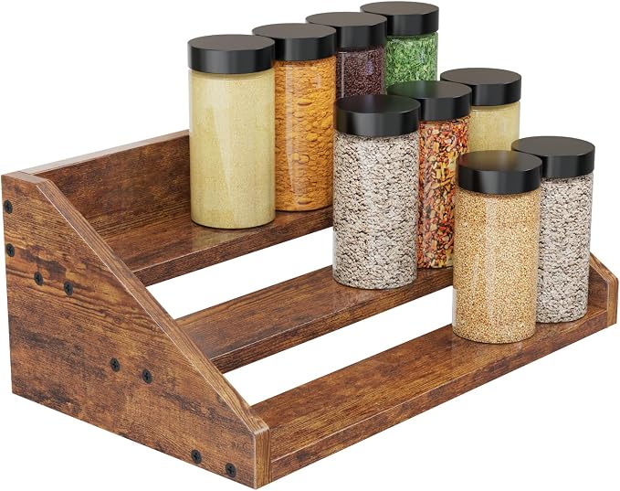 3 Tier Wood Spice Rack Organizer for Cabinet, Super Sturdy Display Riser Shelf Seasoning Organizer for Countertop Pantry Cupboard, Retro Storage Holder for Kitchen Condiment Jar Spice Container by Soultopxin