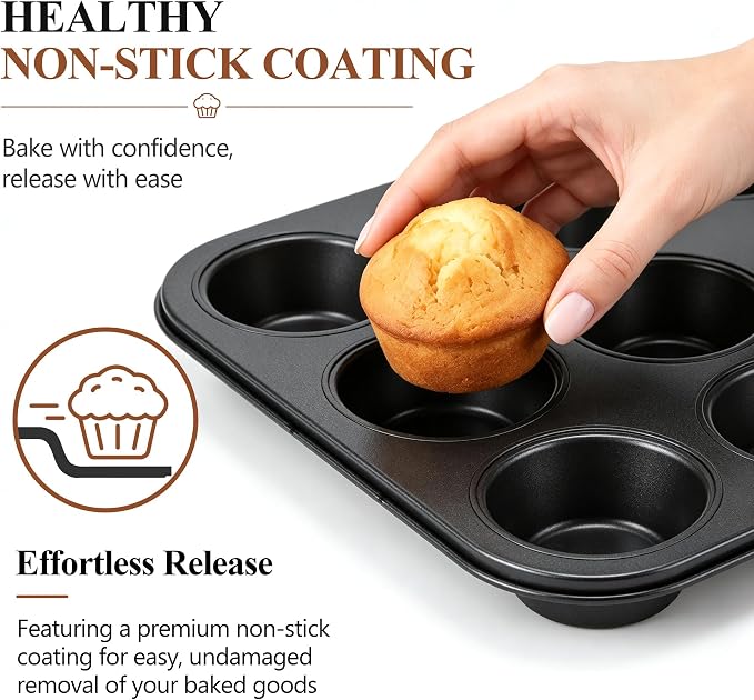 E-far 12-Cup Muffin Pan, 2 Pack Nonstick Carbon Steel Cupcake Pan Tin Tray | Metal Bakeware Muffin Baking Tins for Oven, Standard Size, Ideal for Muffins, Cake Tart, Brownies, Easy Clean & Non-toxic - Image 4