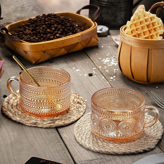 Gezzeny Vintage Coffee Mugs 14 Oz Set of 2 Amber Embossed Glass Tea Cups for Cappccino, Latte,Cereal, Yogurt, Beverage Christmas Thanksgiving Day Gifts - Image 4