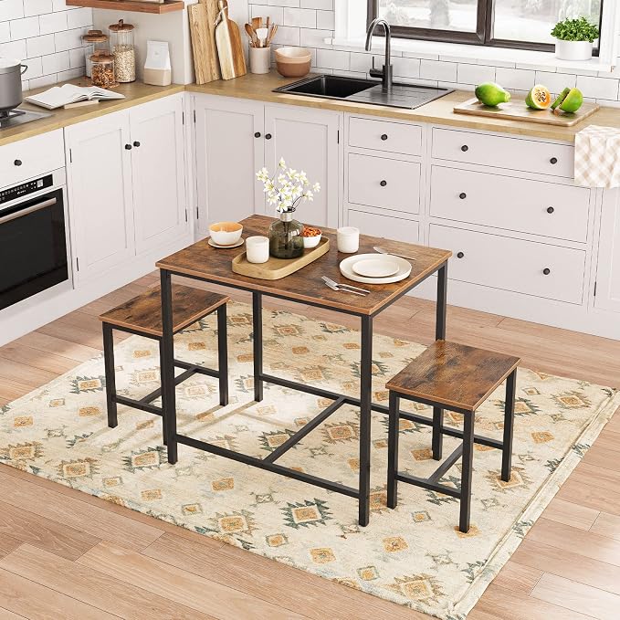 HOOBRO 3-Piece Industrial Dining Table Set, Kitchen Table, Space Saving Dinette for Kitchen, Dining Room, Small Space, Breakfast Nook, Living Room, Party, Rustic Brown and Black BF75CZ01G1 - Image 3