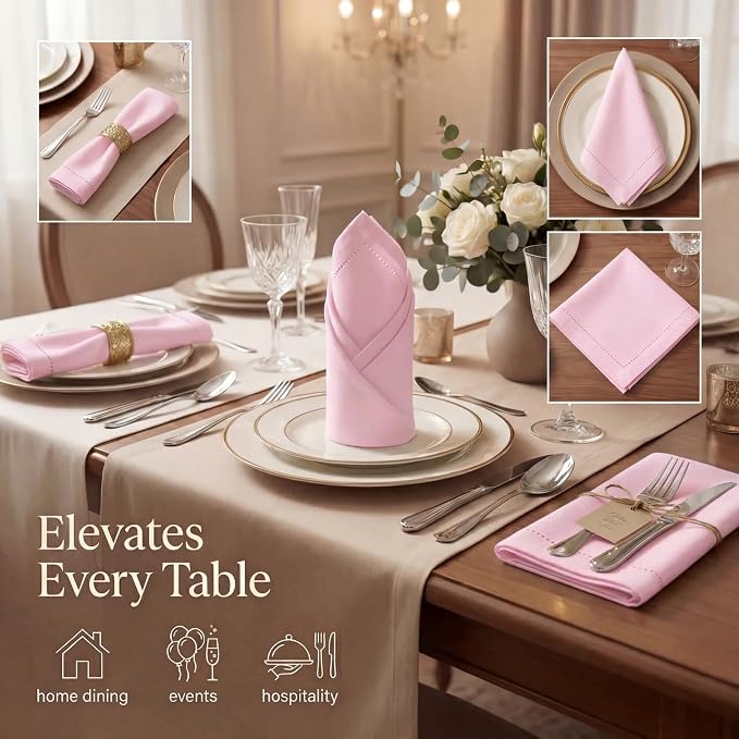 Urban Villa Hemstitch Cloth Dinner Napkins Cotton 20”x20” (Set of 12)-Pink - Image 2