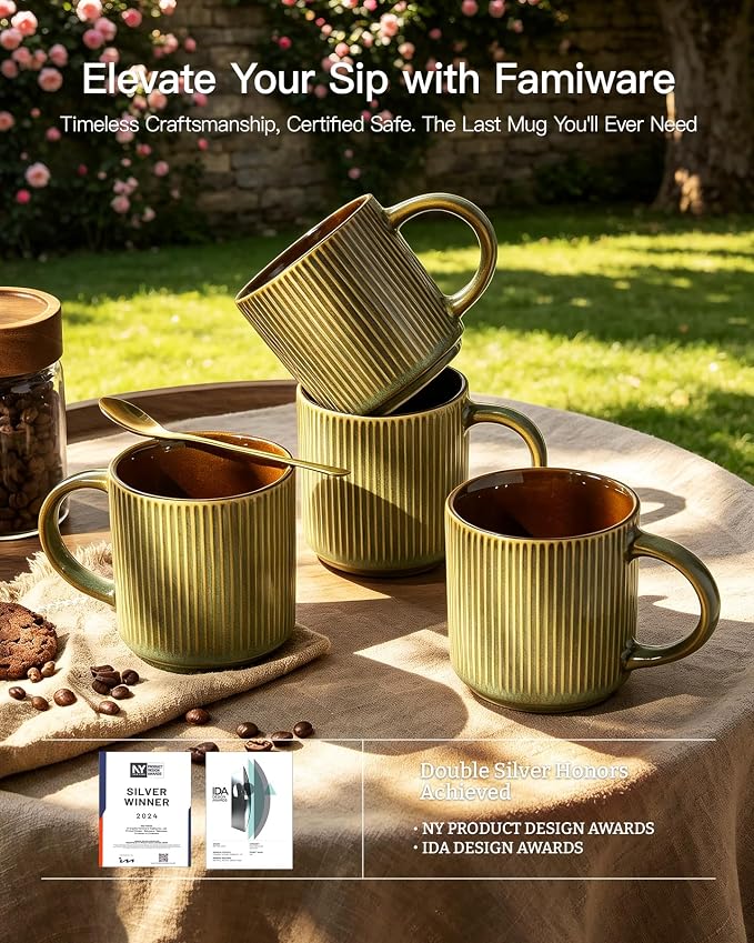 famiware Coffee Mug Set for 4, Star 12 oz Catering Mugs Cup Set with Handle for Coffee, Tea, Cocoa, Milk - Ceramic Stoneware Drinkware Set, Moss Cocoa - Image 5