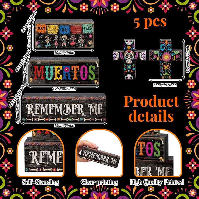 Moucuny 4 Pcs Day of the Dead Table Decorations Day of the Dead Cross Centerpiece for Table Dia De Los Muertos Tiered Tray Decor Wood Sugar Skull Block Signs for Halloween Party Home Shelf Decoration - Image 6