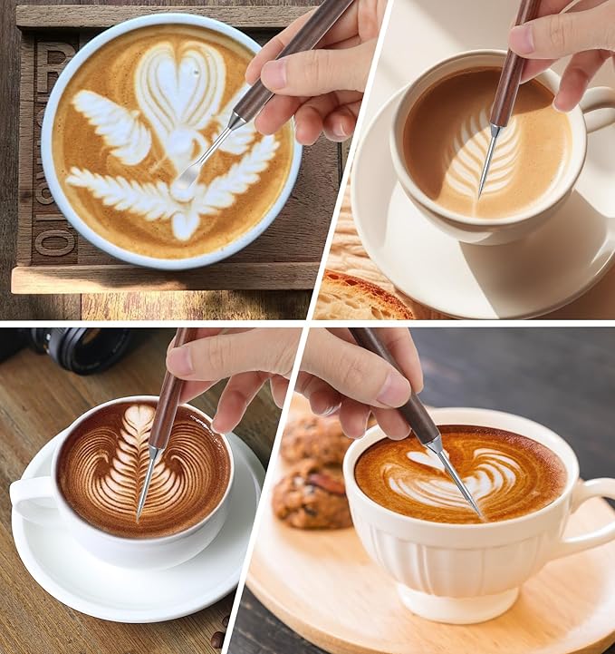 Latte Art Pens, 2-Pack Stainless Steel Latte Art Coffee Pen Barista Tools with Wooden Handle, Double-Ended Barista Accessories for Professional Coffee Drawing, Home & Cafe Use
