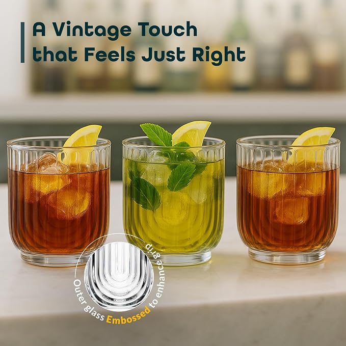 Glaver's Vintage Glassware Art Deco Glasse Ribbed Drinking Glasses U-Shape Arch Design Colored Cocktail Kitchen Tumblers Everyday Dinner Decorative Party (Clear S/4 11oz) - Image 4