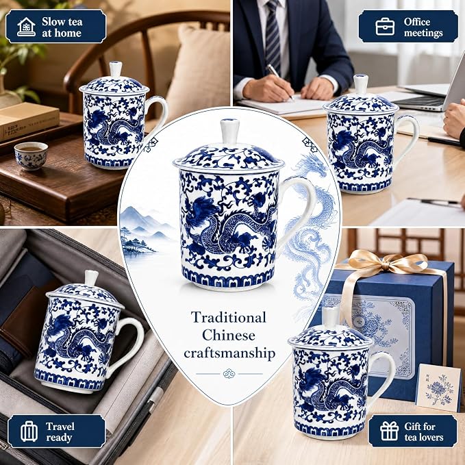 Peohud Set of 2 Porcelain Chinese Tea Cup with Lid, 12 Oz Bone China Coffee Tea Mug for Travel Home Office, Dishwasher Safe, Blue Dragon - Image 5
