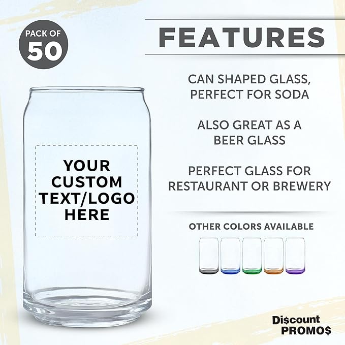 Custom Beer Can Glasses Set of 50, 16 oz. Pint Sized, Promotional Text, Logo, Soda Can Shape, Glassware, Clear