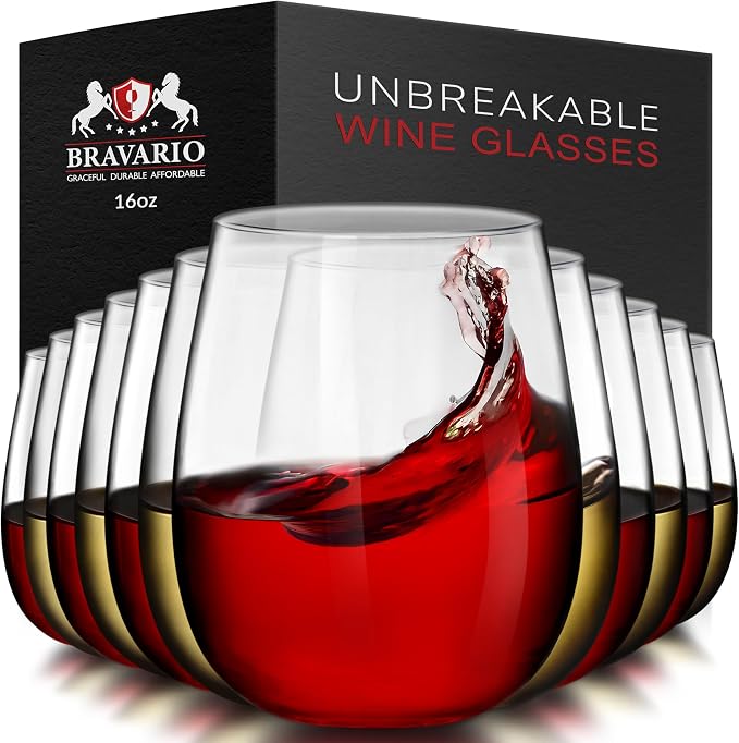 Bravario Unbreakable Stemless Plastic Wine Glasses | Reusable | Shatterproof 100% Tritan Plastic | Dishwasher-Safe | BPA-free | Awesome for Indoor & Outdoor | 16 oz, Set of 12 by Bravario