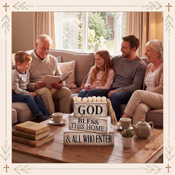 Moucuny 4 Pcs Christian Table Decor Rustic Wooden Block Sign Set with God Bless This Home & All Who Enter Farmhouse Stacked Decor with Beaded Garland Tassel Christian Home Decors for Office, Shelf - Image 3