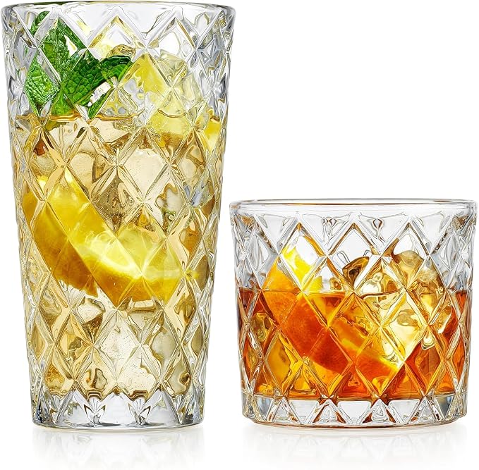 Drinking Glasses Set of 16 Premium Diamond Cut Textured Glassware 8 Highball Glasses 17 oz and 8 Whiskey Glasses 10 oz Elegant Drinking Glasses by MosJos