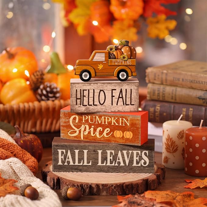 Moucuny 4 Pcs Fall Decoration for Home Fall Truck Decor Thanksgiving Tiered Tray Decor Rustic Wooden Truck Block Sign Thanksgiving Centerpiece Autumn Table Decorations for Harvest Party Kitchen Home - Image 2