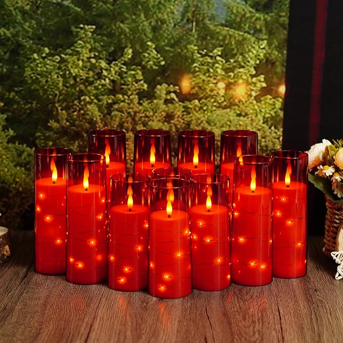 Sasigeiaa Flameless Candles with Embedded Star String - Battery Operated LED Candles, with Remote,12 Red Flickering Candles for Christmas, Weddings, Home Decor & Party,(D 2.3"×H 5" 6" 7") - Image 2