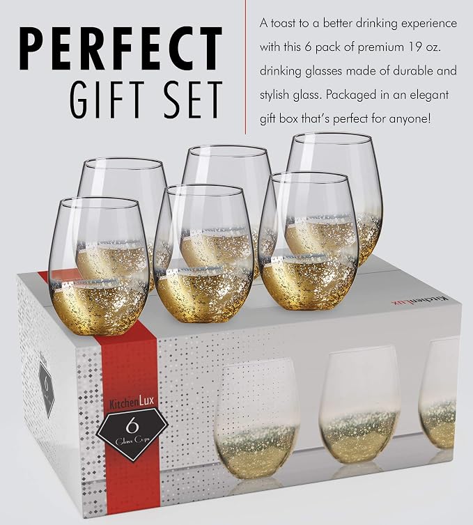 Kitchen Lux 18 oz Gold Rimmed Stemless Wine Glasses for Parties – Set of 6 Gold Wine Glass Cocktail Tumblers – Large Crystal Clear Wine Cups - Deluxe Glassware Gift for Christmas - Dishwasher Safe - Image 4