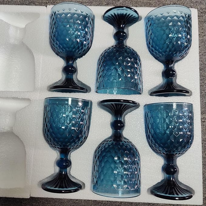 Taganov Blue Wine Glass Goblets set of 6 Vintage Glassware Colored Stemware 13.5 oz for Wedding Party Bar Housewarming Gift - Image 2
