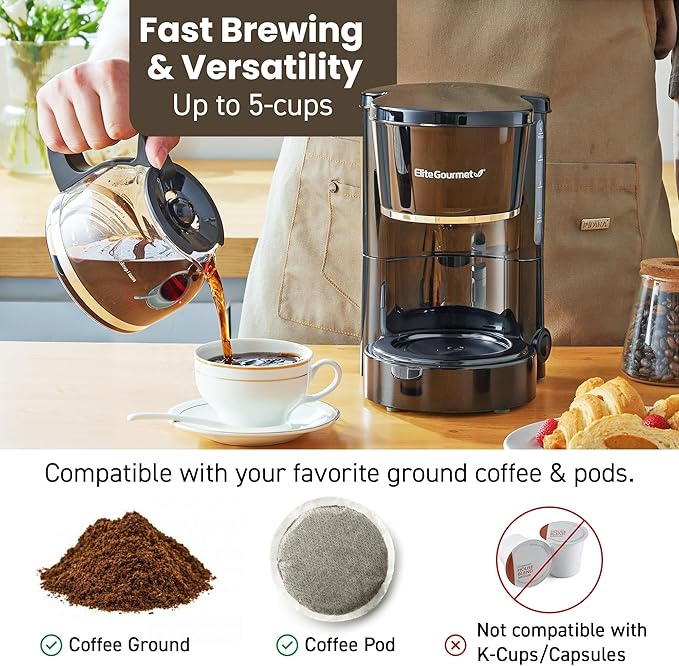 Elite Gourmet EHC-5055 Automatic 5-Cup Brew & Drip Coffee Maker with Pause N Serve Reusable Filter, On/Off Switch, Water Level Indicator - Image 5