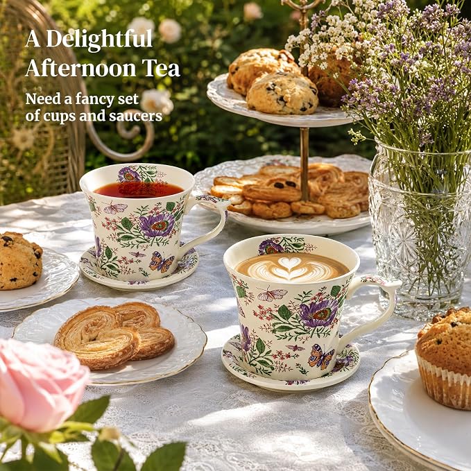 DOWAN 14 OZ Tea Cup & Saucer Set, Floral Mug with Lid, Ceramic Cappuccino/Latte Mug for Women, One Set - Image 3